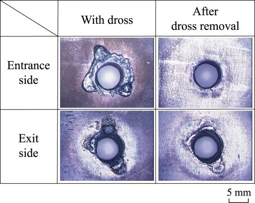 Fig. 6 Appearances with dross and after dross removal of a hole produced