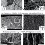Fig.4 Casting defects appeared on fracture surface (The arrows indicate the boundary of defects.)