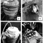Figure 1: AlSi7MgLi procedure of melting and casting: a) induction furnace, b) steel bell for Li addition c) argon gas flux with the lid and d) pouring into different moulds