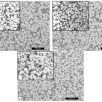 Figure 4. Examples of microstructures of AlSi7Mg0.3 alloy processed by ultrasound, at 19.9 ± 0.2 kHz average frequency evaluated in a vertical section of the feeder: (a) V#1; (b) V#2 and (c) V#3 samples, according to Figure 1.