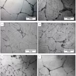 Figure 3. Microstructures for different pouring temperatures and holding times with (a) pouring temperature 660 °C and holding time 20 s, (b) pouring temperature 660 °C and holding time 60 s, (c) pouring temperature 680 °C and holding time 20 s, (d) pouring temperature 680 °C and holding time 60 s, (e) pouring temperature 700 °C and holding time 20 s, and (f) pouring temperature 700 °C and holding time 60 s.