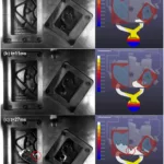 Figure 3. The comparison between the numerical simulation (right) results and the flow visualization experiment (left) within the transparent windows.