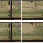 Fig. 3 - Photographic sequence of tidal bore propagation (from right to left) with 0.12 s between successive photographs (From left to right, top to bottom) - Flow conditions: Q = 0.061 m3/s, d1 = 0.155 m at x = 5.9 m, Fr1 = 1.39, Tainter gate opening after closure: h = 25 mm, shutter speed: 1/400 s