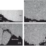 Fig. 1. Optical micrographs showing the microstructure on a section perpendicular to the fractured surface of the AlMgSiMn alloy, (a) over all microstructure, (b) the skin region, (c) the band zone, and (d) the central region.
